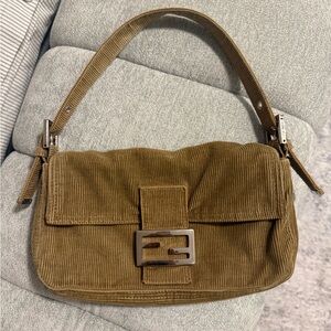 Fendi Corduroy Shoulder Bag in Warm Brown with Silver-Tone Logo